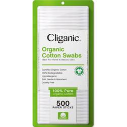 Cliganic Organic Cotton Swabs, 500 Count - 100% Pure Natural Biodegradable Cotton, Chlorine-Free