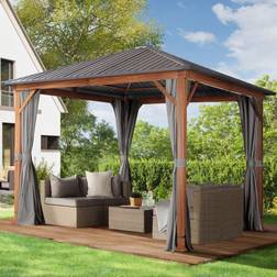 Toolport Gazebo da Giardino 3x3 m Look Legno Tetto Hardtop In Acciaio, 4 Teli Laterali Color Grigio