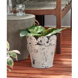 Litton Lane 11 Farmhouse Style Distressed White Metal Scalloped Bucket with Handles