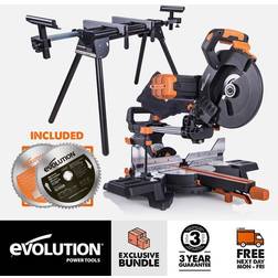 Evolution Bundle R255SMS-DB 255mm Double Bevel Sliding Mitre Saw with Mitre Saw Stand and 60 Tooth Fine Wood Cutting Blade (230V)