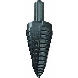 Lenox Step Drill Bits: 1/2" to 1" Hole Dia, 3/8" Shank Dia, High Speed Steel, 9 Hole Sizes 1/16" Step Length, Oxide Finish, Round w/ Flats