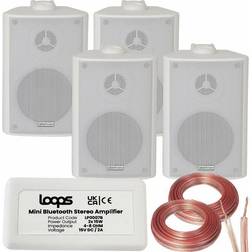 Loops Smart home Bluetooth Amplifier & 4 White Wall Mount Speaker Kit Compact HiFi Amp