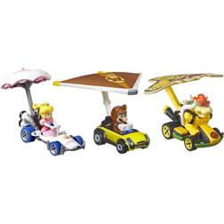 Mattel Mario Kart Hot Wheels Diecast Vehicle 3-Pack 1/64 Tanooki Mario, Bowser, Princess Peach