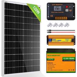 Eco-worthy Kit complet de panneau solaire 120W 12V avec batterie lithium LiFePO4 50Ah 12V,contrôleur de charge 30A,onduleur 600W 12V pour maison rv