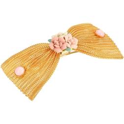 Gold Tone Pink Porcelain Flower Mesh Bow Hair Barrette