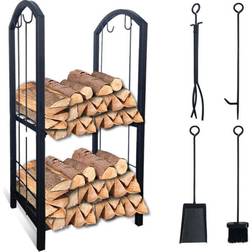 VOUNOT Firewood Log Rack with 4pcs Fireplace Tools, Metal Log Store Indoor, Black, 38 x 33 x 75 cm