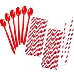 50 Red Plastic Sundae/ Soda Spoons 8 Inch Red Paper Straws