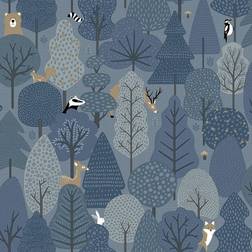 Muriva Blue Metalic Wild Woodland Wallpaper Kids Nursery Feature Wall