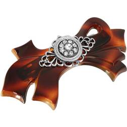 Brown Tortoise Silver Tone Filigree & Simulated Crystal Accent Bow