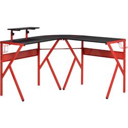 Homcom L-Shaped Gaming Desk, Corner Computer Desk with Carbon Fiber Desktop, Adjustable Monitor Stand, Cup Holder, Headphone Red/Black