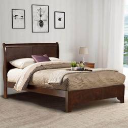 Benjara Brown Rubberwood Queen Low Footboard Sleigh Bed