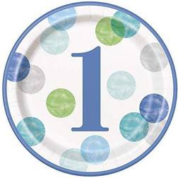 Unique Party 73305 23cm Blue Dots 1st Birthday Paper Plates, Pack of 8