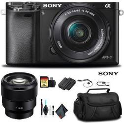 Sony Alpha a6000 Mirrorless Camera with 16-50mm Lens Black With FE 85mm Lens, Soft Bag, Additional Battery, 64GB Memory Card, Card Reader