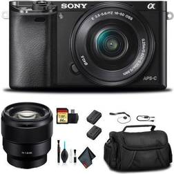 Sony Alpha a6000 Mirrorless Camera with 16-50mm and 55-210mm Lenses ILCE6000Y/B With FE 85mm Lens, Soft Bag, Additional Battery, 64GB Memory