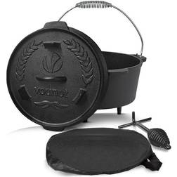 VOUNOT Dutch Oven 9 Liters, Pre-Seasoned, Cast Iron Fire Pot with Carry Bag, Feet, Lid Lifter, Spiral Handle