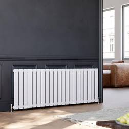 Elegant White Horizontal Radiator 600x1596mm Single Panel Radiator Designer Heater with White Thermostatic Radiator Valves