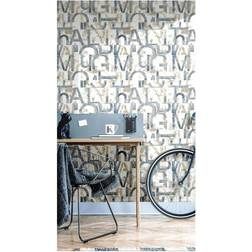 Noordwand Wallpaper Friends & Coffee Words and Letters Blue and Metallic