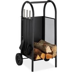 Relaxdays Firewood Cart with Companion Tools, Steel Holder, 3Piece Tool Set, Shovel, Broom & Poker, Black