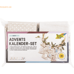 folia 64121 – Adventskalenderset, basic med motivtryck, ca 10 x 13 cm, 24 naturliga tygpåsar, tillverkade av bomull och polyester, inklusive hänge och garn