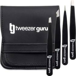 Tweezers Set 4-piece Tweezer Guru Stainless Steel Slant Tip and Pointed Eyebrow Tweezer Set Great Precision for Facial Hair Ingrown Hair Splinter Blackhead and Tick Remover (Black)