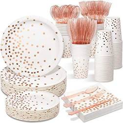 White & Rose Gold Party Supplies 350 PCS Disposable Dinnerware Set White Paper Plates Napkins Cups Rose Gold Plastic Forks Knives Spoons for Birthday Halloween Baby Bridal Shower Wedding