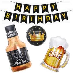 OULAIZ Happy Birthday Banner with Beer Mug Whiskey Bottle & Crown Mylar Foil Balloons, Birthday Party Decorations Supplies for Men and Women