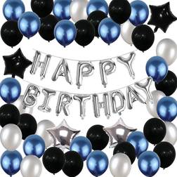 Birthday Decorations,Birthday Party Supplies Silver Happy Birthday Balloons Banners Party Decorations Blue and Black for Women Men(69PCS)