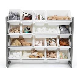 Children Wood and Plastic Organizer Rack with 16 Bins, Gray and White