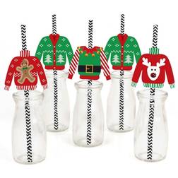 Ugly Sweater Paper Straw Decor Holiday & Christmas Party Striped Decorative Straws Set of 24