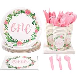 Baby Girl 1st Birthday Party Decorations Floral One First Birthday Plates Napkins Cups Pink Cutlery 144 Pieces Serves 24