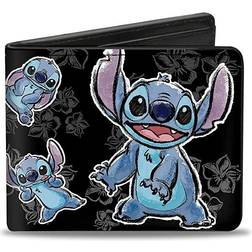 Buckle-Down Disney Wallet Bifold Stitch Poses Hibiscus Sketch Black Grays