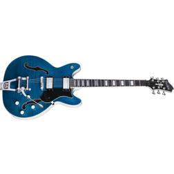 Hagström Tremar Viking Deluxe Cloudy Seas Cloudy Seas. The all-rounder with flamed maple body, featuring the Hagstrom Tremar tremolo system