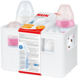 Nuk First Choice biberon Starter Set 0-6 mesi 4 bottiglie con controllo della temperatura e scatola porta-biberon Valvola anti-coliche Senza BPA giraffa rosa 5 pezzi