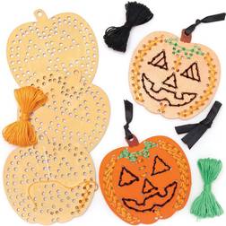 Baker Ross AX248 Pumpkin Wooden Cross Stitch Decoration Kits Pack of 5, Halloween Decorations for Kids to Make and Display, Ideal Kids Arts and Cra