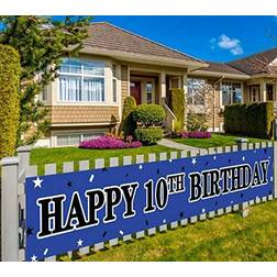 Large Happy 10th Birthday Banner, 10th Birthday Party Sign Blue, 10th Birthday Party Supplies Decorations (9.8 x 1.6 ft)