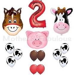 2nd birthday Farm Barn Animal Party Balloons. Cow Donkey And Pig With 12" 3.2 Helium Quality Latex balloons- Red Brown And Cow Print with the number "2" red foil balloon-Total 40 Count