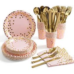 Pink and Gold Party Supplies Disposable Dinnerware Set Serves 25 Gold Dots on Pink Paper Plates Cups and Napkins, Gold Plastic Knives Spoons Forks for Baby Shower Wedding Party Bridal Shower