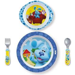 Nuk 4 Piece Blue's Clues Kids Dinnerware Bundle, Plate, Bowl, Utensils Assorted Pre-Pack 4 Piece