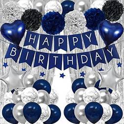 Navy Sliver Birthday Decorations 54 Pieces Birthday Decorations Kit with Foil Balloons,Silver Tinsel Fringe Foil Curtains for Men Women Boys Grils Navy Blue Silver Birthday Party