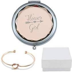 Flower Girl Champagne Compact Pocket Makeup Mirror with Rose Gold Knot Bracelet and Gift Box for Wedding Proposal Gift