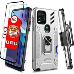 Shockproof Military Grade Drop Tested Phone Case with Ring Holster Belt Clip Card Holder Screen Protector Fits for Moto G Stylus 5G 6.8" (Silver)