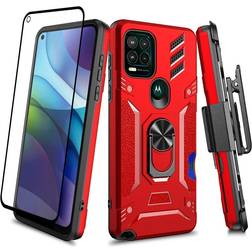 Shockproof Military Grade Drop Tested Phone Case with Ring Holster Belt Clip Card Holder Screen Protector Fits for Moto G Stylus 5G 6.8" (Red)