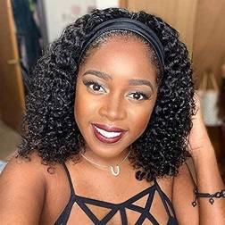Mengkai 12 Inch Headband Wig Human Hair Curly Headband Wigs