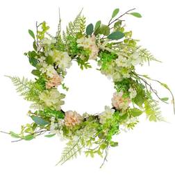 Northlight 28" Green & Pink Hydrangea & Fern Spring Floral Berry Wreath Artificial Plant