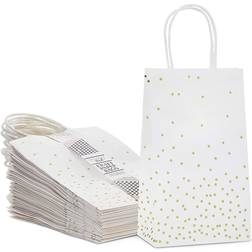 Sparkle and Bash 25 Pack White and Gold Polka Dots Paper Gift Bags with Handles 9 x 5 x 3 in