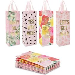 Wine Bottle Gift Bags for Bachelorette, Wedding, Birthday Party, 4 Designs (12 Pack) Pink