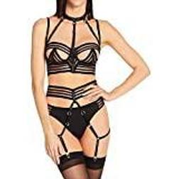 Dreamgirl Sheer Striped Bra, Garter Belt and G-String Set S Black