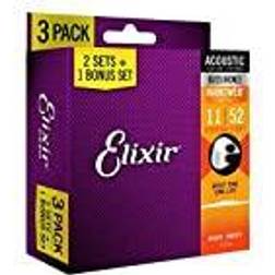 Elixir Pack de 3 juegos de cuerdas Cuerdas de guitarra acústica Strings de bronce en proporción 80/20 con recubrimiento NANOWEB, calibre ligero personalizado, Custom Light (11-52)