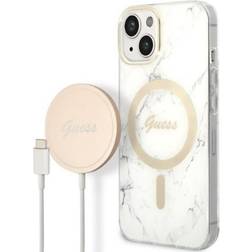 Guess Zestaw GUBPP14MHMEACSH Case Charger iPhone 14 Plus 6,7 biały/white hard case Marble MagSafe