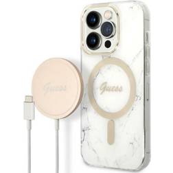 Guess Zestaw GUBPP14LHMEACSH Case Charger iPhone 14 Pro 6,1 biały/white hard case Marble MagSafe